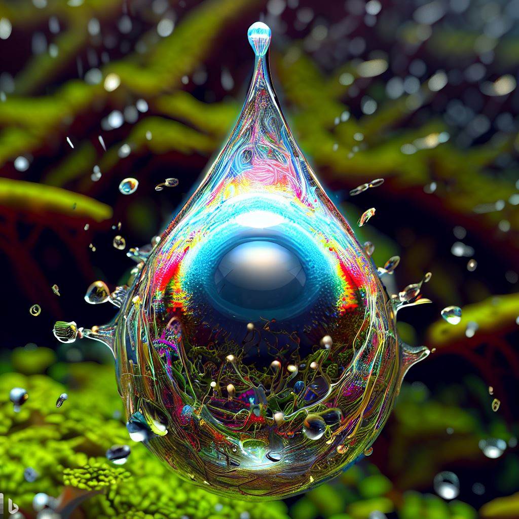 7- 3D hyper-detailed joyfully bursting spattering raindrop with multi-colored nano-circuitry iris-stroma living breathing eye-pupil at its core, spattering wet rainforest moss synapses, mirroring recursion.jpg